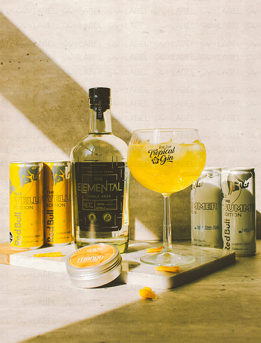 Pack Gin Tropical con Gin Elemental, Red Bull y Craze de Mango.